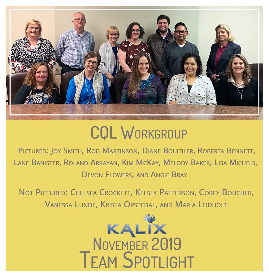 Member of CQL Workgroup shown: Joy Smith, Rod Martinson, Diane Bouitiler, Roberta Bennett, Lane Banister, Roland Arrayan, Kim McKay, Melody Baker, Lisa Michels, Devon Flowers, and Angie Bray. Not Pictured: Chelsea Crockett, Kelsey Patterson, Corey Boucher, Vandessa Lunde, Krista Opstedal, and Maria Leidholt