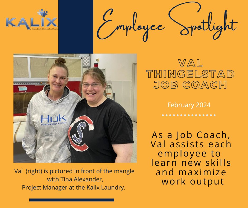 Val Thingelstad - February 2024 Employee SPotlight - As a Job Coach, Val Assists each employee to learn new skills and maximize work output.