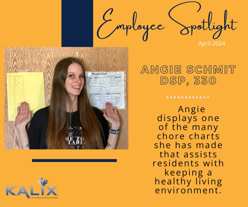 Employee Spotlight - April 2024 - Photo of Angie Schmit holding her hands up raising the roof. Angie Schmit, DSP 330. Angie displays one of the many chore charts she has made that assists residents with keeping a healthy living environment. 