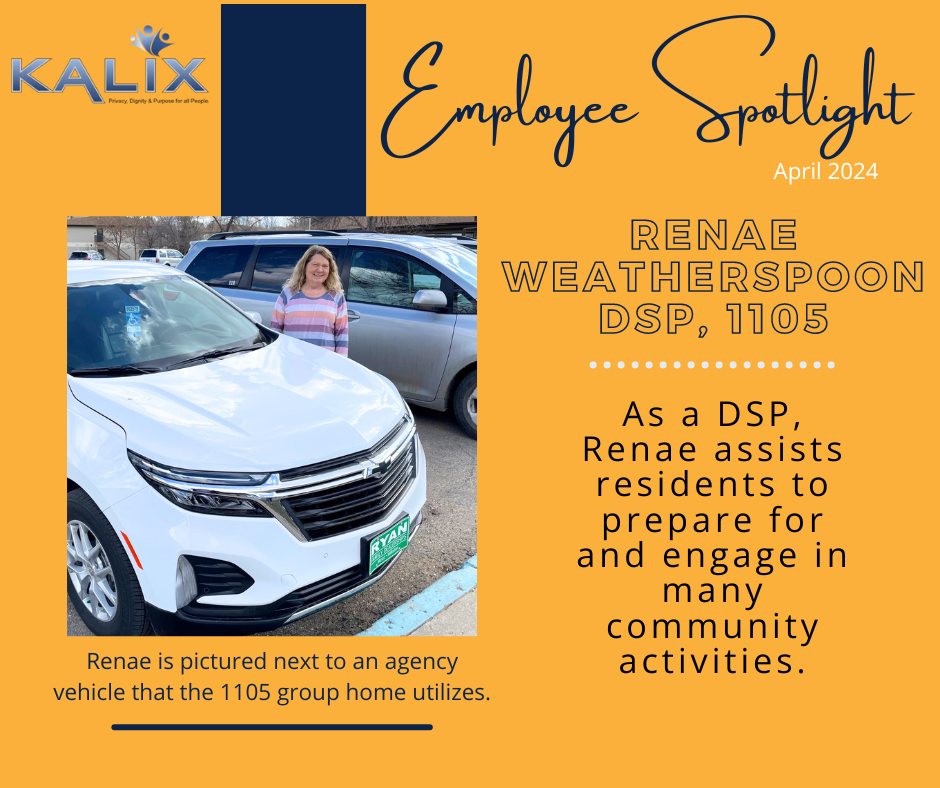 Employee Spotlight - April 2024 - Photo of Renae Weatherspoon, DSP from 1105 next to a new agency vehicle that the 1105 group home utilizes to take people to events in the Minot community. As a DSP, Renae assists residents to prepare for and engage in many community activities. 