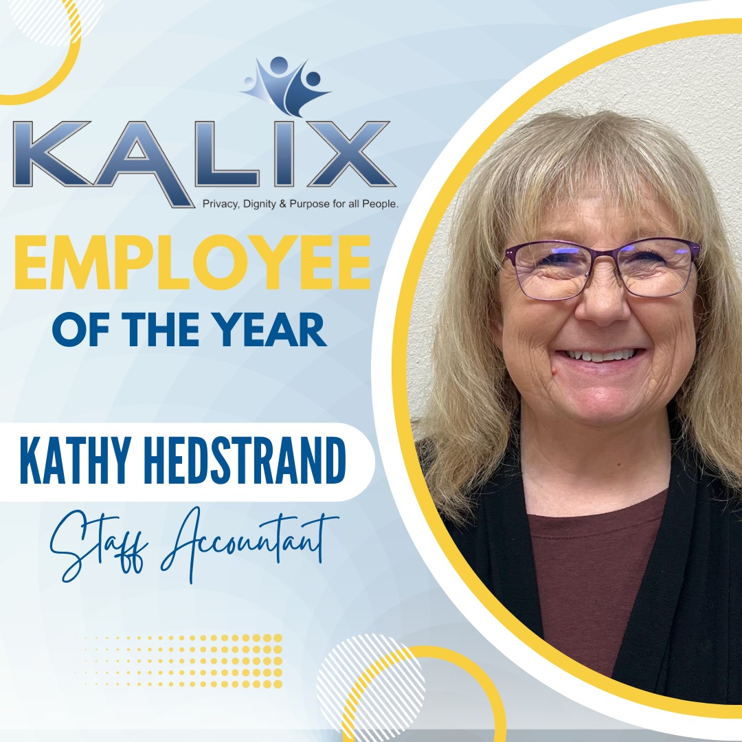 Kalix Employee of the Year - Kathy Hedstrand - Staff Accountant - Photo of Kathy is shown on the right side of the graphic in a half-moon shaped cutout. 