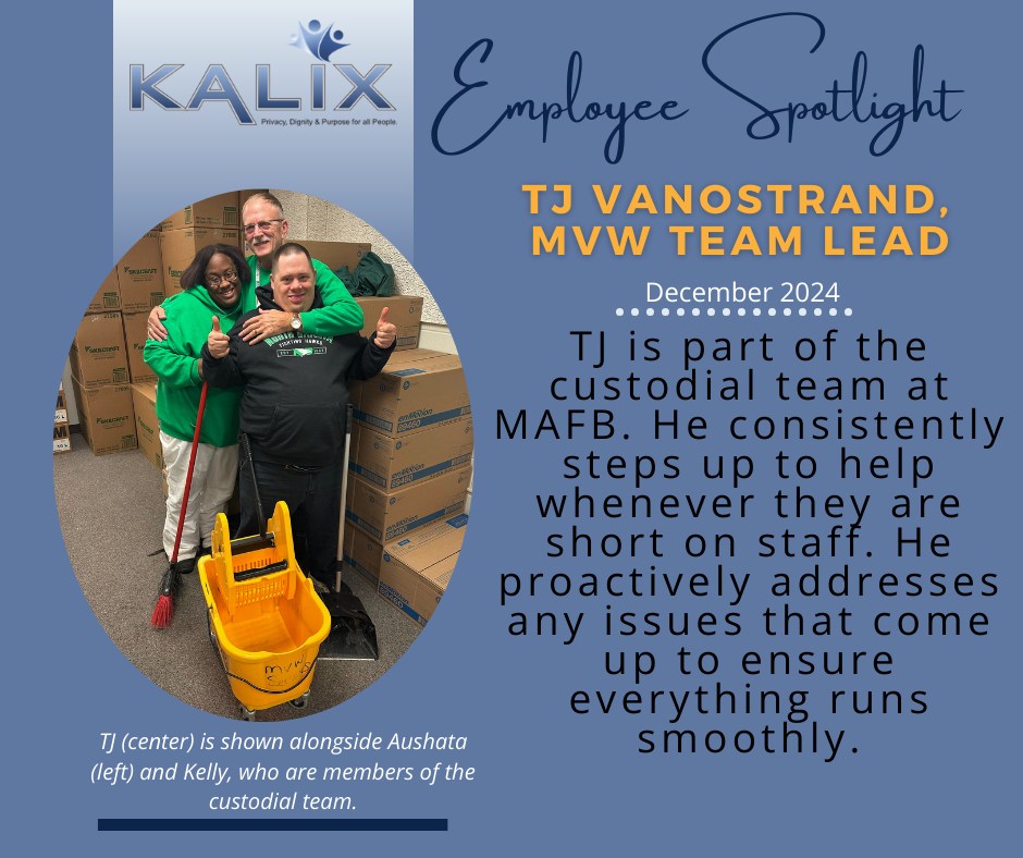 Employee Spotlight - TJ Van Nostrand - MVW Team Lead - December 2024 - TJ is part of the custodial team at MAFB. He consistently steps up to help whenever they are short on staff. He proactively addresses any issues that come up to ensure everything runs smoothly. Pictured is TJ (center) shown alongside Aushata (left) , and Kelly (right), who are members of the custodial team. 