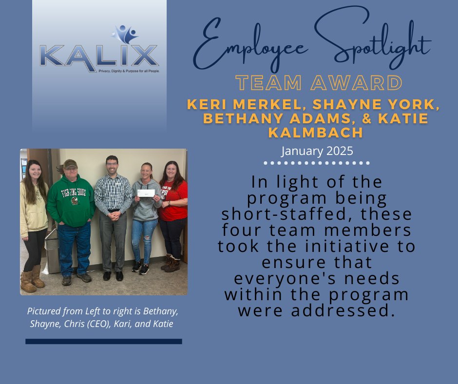 Employee Spotlight - January 2025. Team Award - Keri Merkel, Shayne York, Bethany Adams, and Katie Kalmbach. In light of the program being short-staffed, these four team members took the initative to ensure that everyone's needs within the program were addressed. Photo in bottom left shows the team receiving their award: (from left to right): Bethany, Shayne, Chris (CEO), Kari, and Katie. 